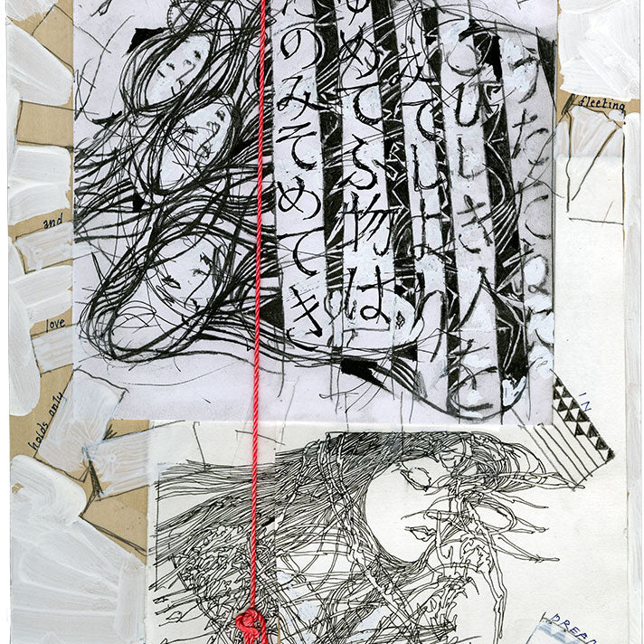 Abstract artwork by Barron Storey features two graphite sketches with black-and-white tones. The top sketch intertwines faces and Japanese text, while the bottom shows a contemplative figure, all connected by a red string on a textured background.