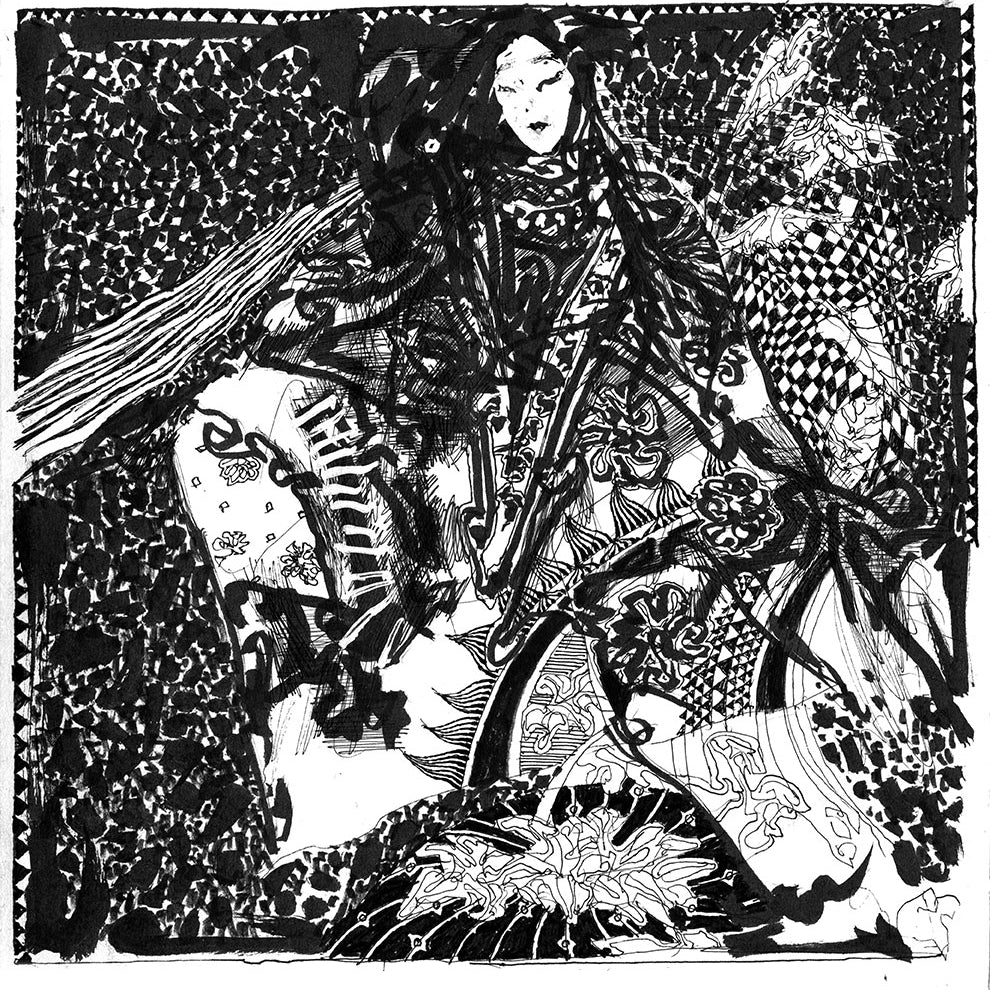 A black and white illustration by Barron Storey features a person with flowing hair in patterned fabrics, surrounded by abstract patterns. The ink-on-paper art boasts dynamic geometric and swirly designs, making it ideal for art collectors.