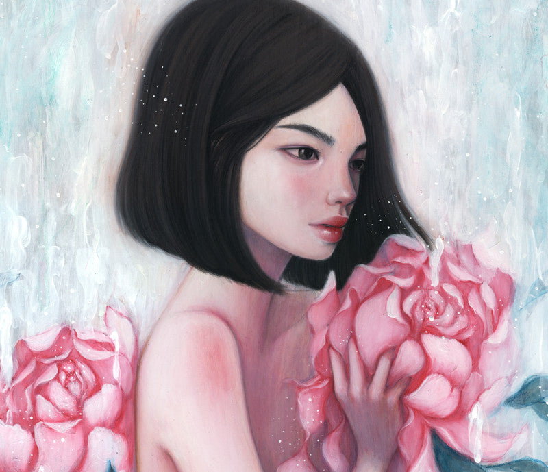 A woman with short black hair holds large pink flowers against a soft, abstract background in the ethereal style of Stella Im Hultberg. Her calm expression merges with the pastel tones around her like ghostly whispers.