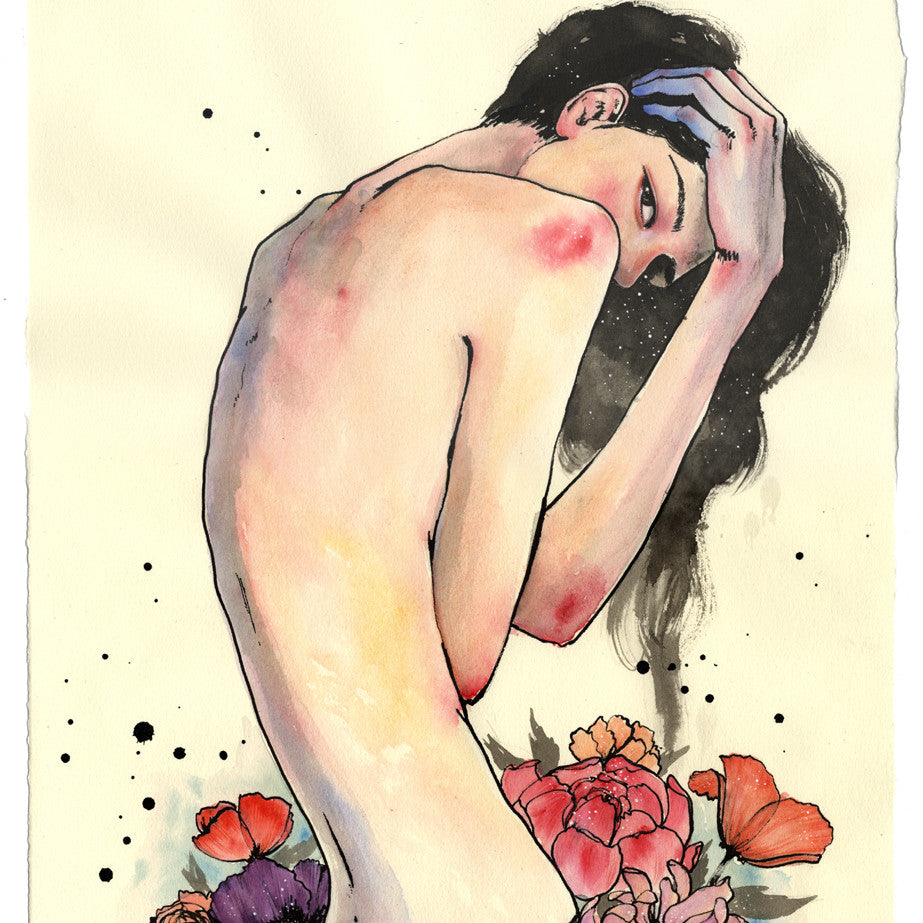 A watercolor painting in the style of Stella Im Hultberg depicts a nude figure glancing shyly sideways, holding their hair. Ethereal flowers envelop their lower half, seamlessly blending into the background like Sumie Ink on archival materials.