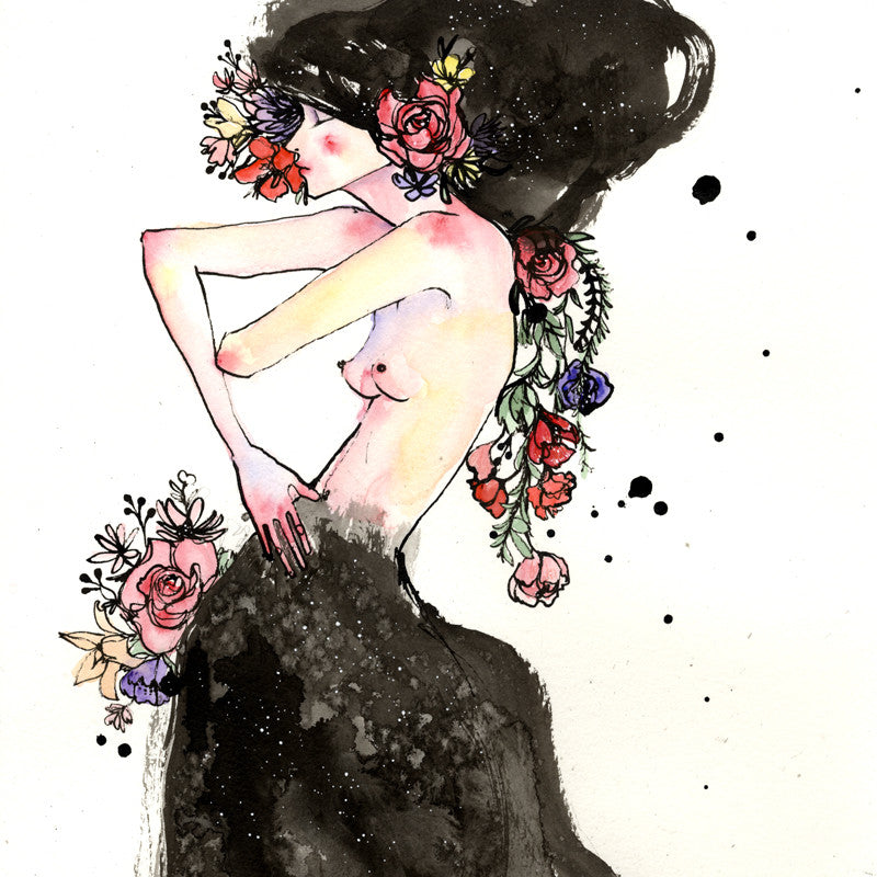 The artwork portrays a partially nude woman adorned with flowers, gracefully draped in a black garment. Using splashes of color and Sumie ink, this Stella Im Hultberg piece evokes longing and elegance reminiscent of nature.