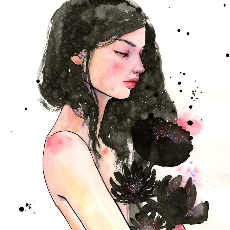 A Stella Im Hultberg watercolor illustration depicts a serene woman with long dark hair and closed eyes, holding nightblooms. She is set against abstract black splatters and soft hues, creating a dreamy atmosphere.