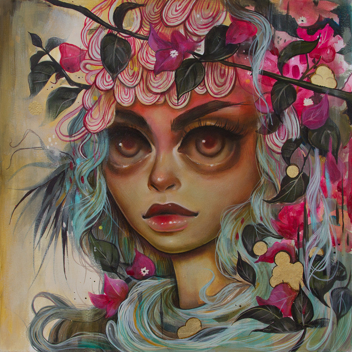 A surreal Tatiana Suarez painting showcases a female figure with large eyes, vibrant blue hair, and a floral headdress intertwined with pink and gold veranera, her serene expression gazing outward amid abstract floral patterns.