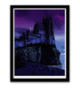 Tim Doyles digital artwork shows a large medieval-style castle on a seaside cliff, reminiscent of a Game of Thrones scene. Moonlight lights up the setting under a purple night sky, silhouetting the castle against glowing water and dark clouds. It comes in an elegant black frame for custom framing.