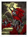 Robots clad in red robes stand with arms raised toward a glowing tablet above them, against a dramatic cloudy sky. One robot holds the tablet, evoking a historic scene reminiscent of a Tim Doyle screen print.