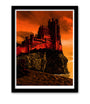 Tim Doyles Game of Thrones print showcases a grand castle with intricate architecture, perched on a rocky cliff under a vivid red-orange sky. The glistening ocean below enhances the dramatic scene, making it ideal for custom framing.
