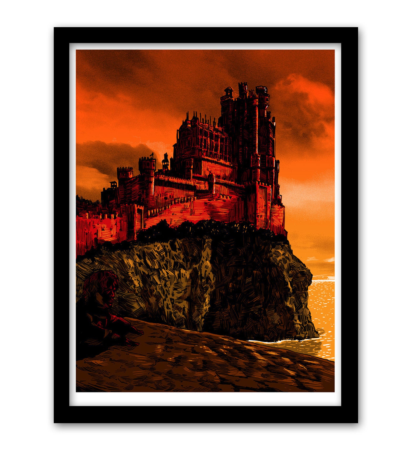 Tim Doyles Game of Thrones print showcases a grand castle with intricate architecture, perched on a rocky cliff under a vivid red-orange sky. The glistening ocean below enhances the dramatic scene, making it ideal for custom framing.