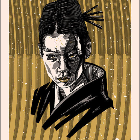 A person with an intense expression, wearing traditional attire, styled dark hair with sticks, reminiscent of a Tim Doyle screen print. The background has vertical golden lines and speckles, creating a dramatic artistic effect.
