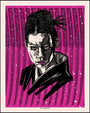 A person with a determined look, topknot hairstyle, and dark clothing is set against a background inspired by Tim Doyles style. It features vertical lines and pink and purple splattered paint, enriched with metallic silver ink for a dynamic effect.