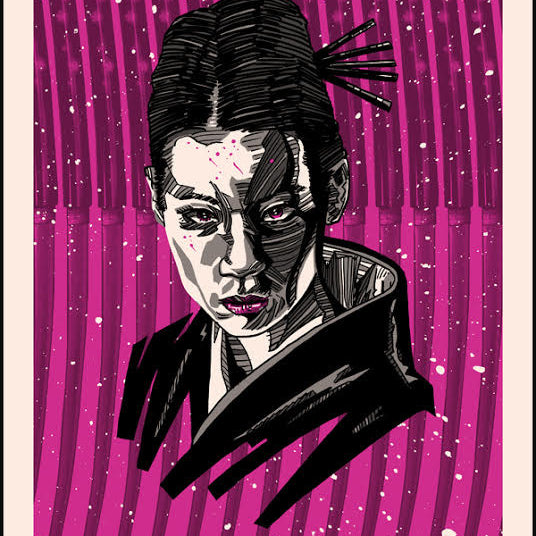 A person with a determined look, topknot hairstyle, and dark clothing is set against a background inspired by Tim Doyles style. It features vertical lines and pink and purple splattered paint, enriched with metallic silver ink for a dynamic effect.
