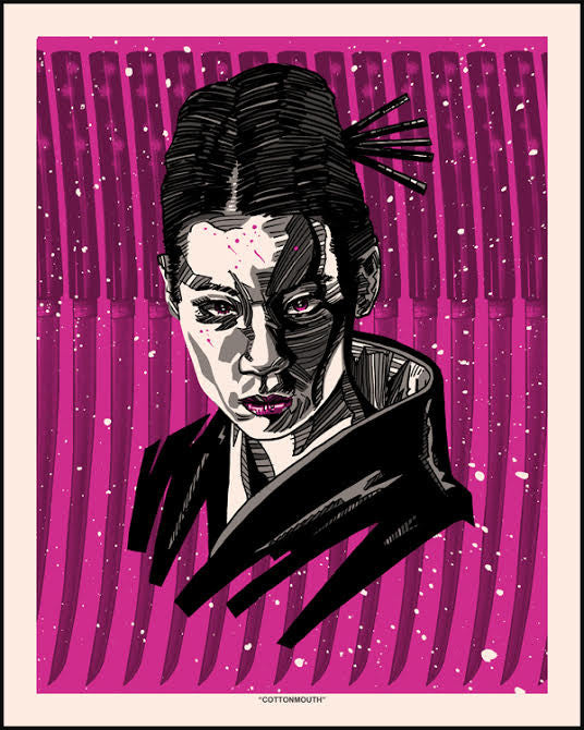 A person with a determined look, topknot hairstyle, and dark clothing is set against a background inspired by Tim Doyles style. It features vertical lines and pink and purple splattered paint, enriched with metallic silver ink for a dynamic effect.