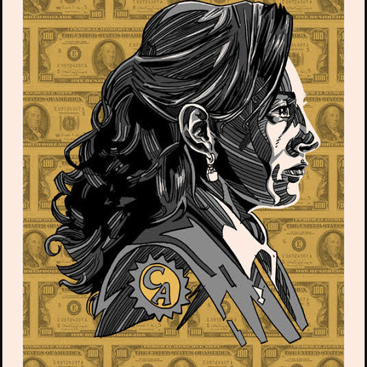 A Tim Doyle-inspired woman with dark hair on a background of dollar bills wears a suit with a CA badge. Below her, Accept No Substitutes appears. The screen print artfully blends yellow, black, and gray tones in a stylish homage.