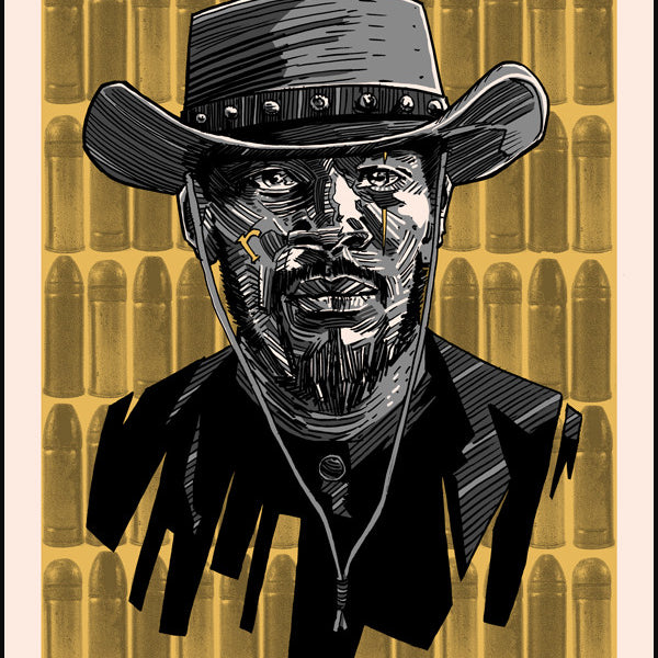This Tim Doyle screen print features an illustrated man in a wide-brimmed hat and coat against a bullet backdrop, evoking Quentin vs Coens style with bold black and yellow contrasts.