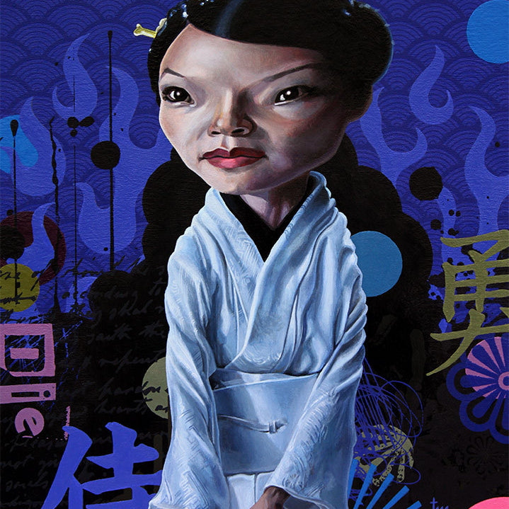 An acrylic on board illustration by Tim Maclean features a woman in traditional white attire holding a sword, her stylized head exaggerated. The background displays abstract purple and blue designs with circles and flames, capturing a Die Like a Samurai essence.