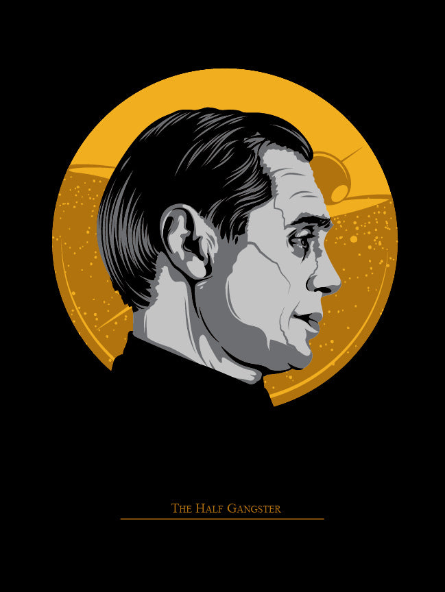 Tracie Chings limited edition screen print features a profile illustration of a man with slicked-back hair against an orange circular background, titled The Half Gangster. Grayscale and bold colors create a vintage noir aesthetic, reminiscent of a Martin Scorsese tribute.