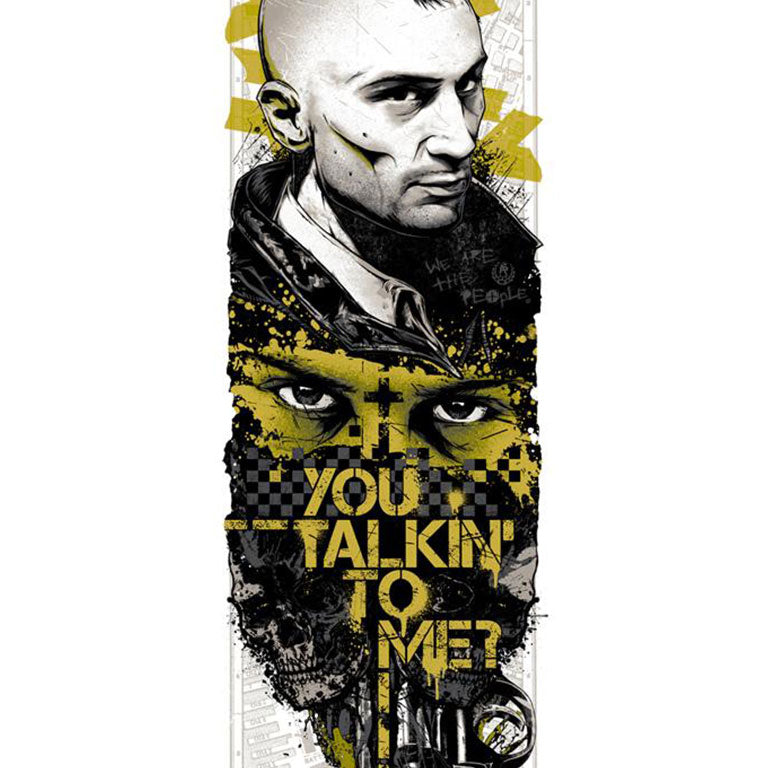 Illustration by Rhys Cooper featuring a man with a mohawk, intense eyes, a skull, and You Talkin to Me? in yellow. A vintage revolver adds grit to this Martin Scorsese fan art screen print, capturing edgy flair.