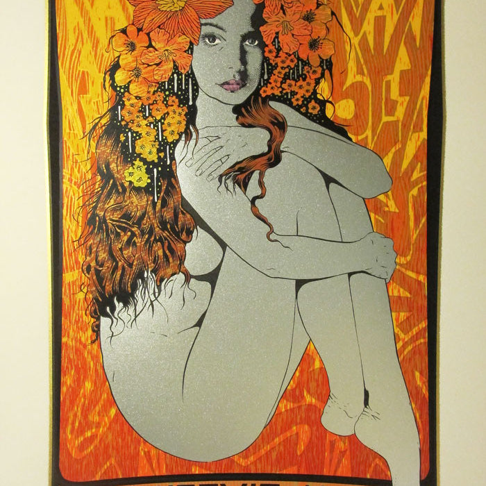 Chuck Sperrys artistic poster features a woman with flowing hair and flowers against an orange-yellow backdrop, printed on archival cream paper. It commemorates Umphreys McGee, March 8, 2014, The Fox Theater, Oakland, California at the bottom.