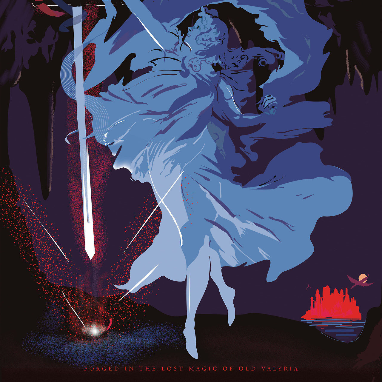 Fernando Rezas fine art lithograph showcases a mythical figure in blue wielding a glowing sword over a dark landscape. Red sparks fly as Valyrian Steel touches the ground, with a red castle and moon looming in the background and Valyrian Steel inscribed below.
