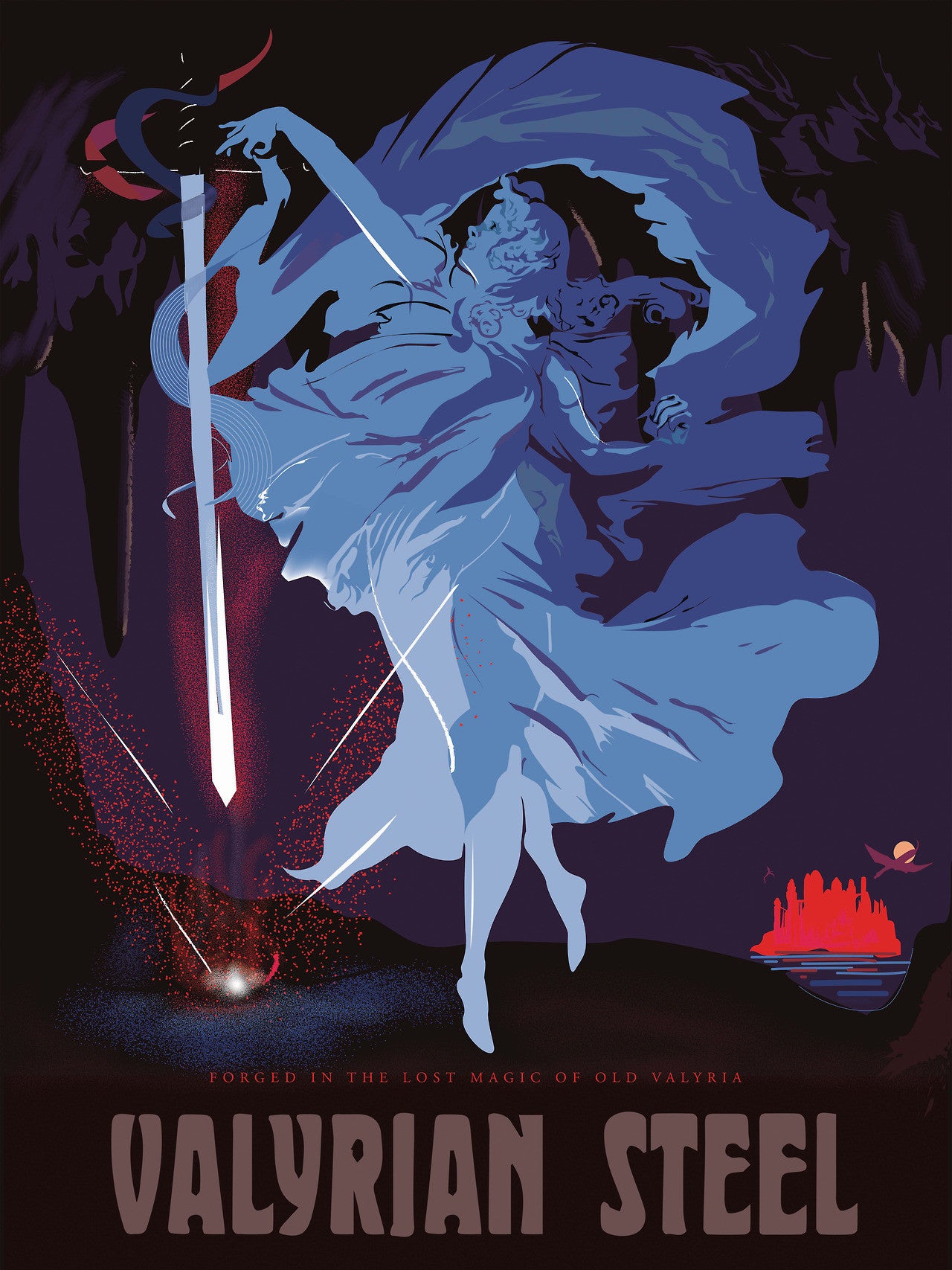 Fernando Rezas fine art lithograph showcases a mythical figure in blue wielding a glowing sword over a dark landscape. Red sparks fly as Valyrian Steel touches the ground, with a red castle and moon looming in the background and Valyrian Steel inscribed below.