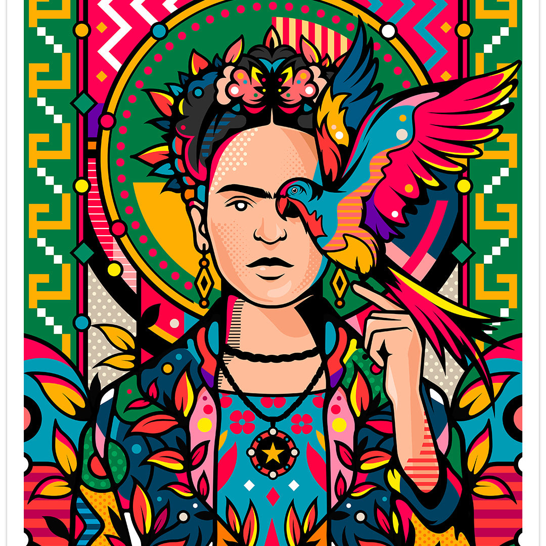 Frida Kahlo portrait in pop colors with left arm raised with parrot balancing on finger on colorful geometric background