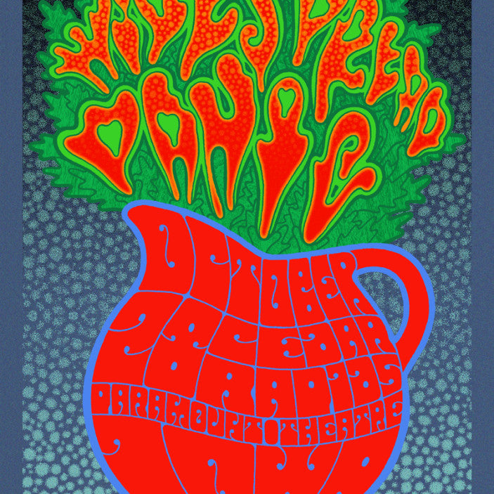 A vibrant psychedelic poster printed on metallic lapis lazuli paper displays Widespread Panic in orange leafy letters emerging from a red intricately designed pitcher, against a blue and gray textured background, echoing Chuck Sperrys iconic style.