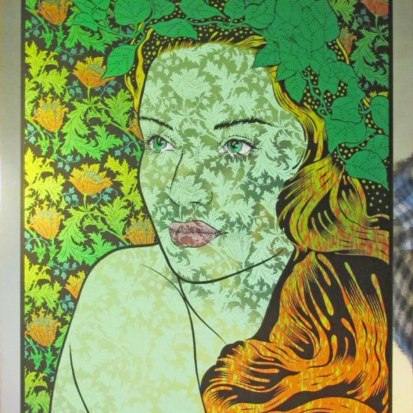 Chuck Sperrys vibrant concert poster presents a stylized floral-patterned woman with green leaves in her hair, showcasing Widespread Panic, Tedeschi Trucks Band, and Jerry Joseph for the 2014 Chicago event in its Mirror Foil Edition.