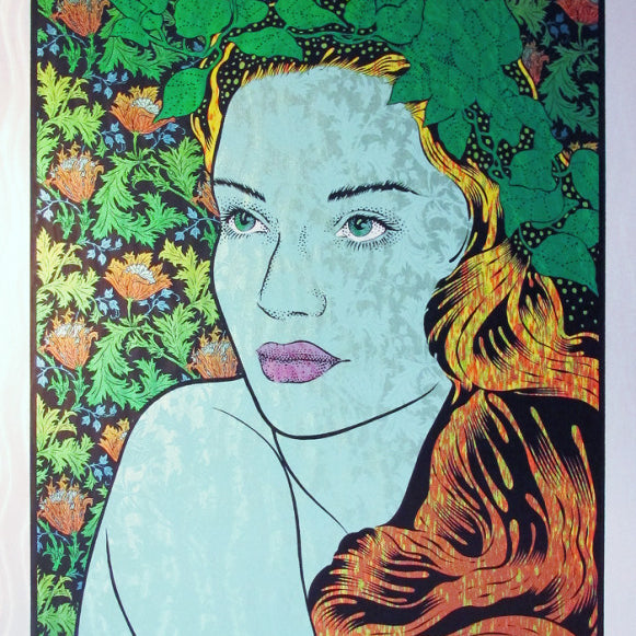 Chuck Sperrys Art Nouveau poster showcases a womans flowing red hair amidst green leaves and flowers, featuring text for Widespread Panic, the Tedeschi Trucks Band, and the June 20, 2014, Chicago event. A stunning wave foil adds visual depth.