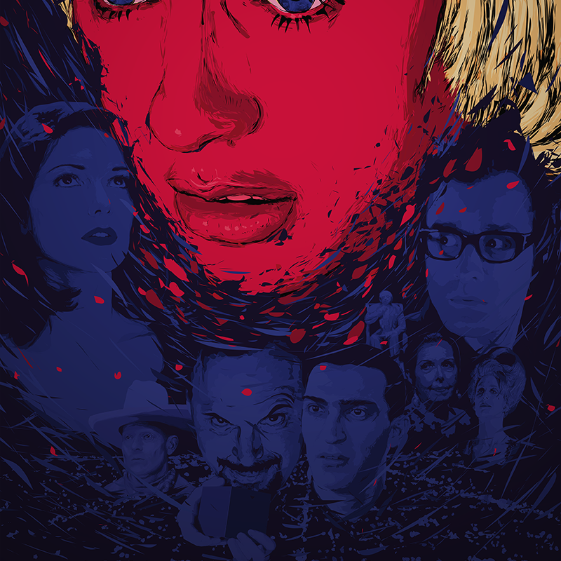 Limited edition poster for Mulholland Drive by Zach Tutor, featuring a fine art giclee with a large, emotive red face on top and smaller blue silhouettes below, with the title in bold pink lettering.