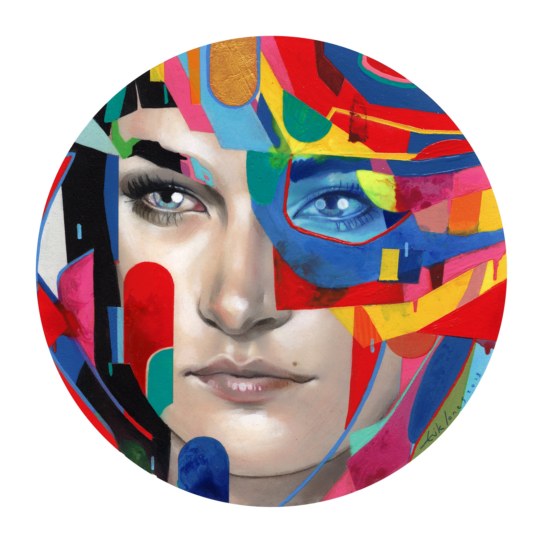 Erik Joness circular artwork, known for his Spoke Art exhibit, showcases a realistic womans face contrasted with vibrant abstract geometric shapes in blue, red, yellow, and green.