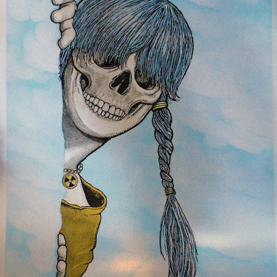 A grinning skull with blue hair and a braided ponytail peers through a tear in the blue background, sporting a yellow glove with a radioactive symbol—a mysterious nod to Zoltrons style in Sue Nami: Messenger screen print.