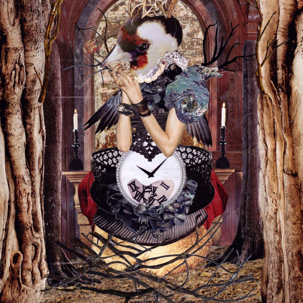 A surreal collage inspired by VAHGE, featuring a bird-headed figure in an arched, candlelit room. The ornate attire includes a clock on the chest, with branches and wood textures framing the scene for an Auguria-esque dreamlike atmosphere.