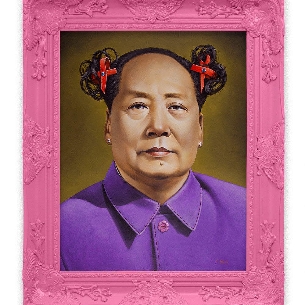 A Scott Scheidly portrait showcases a person in a purple outfit with red hair barrettes, elegantly framed in an ornate pink frame. This acrylic on masonite piece captures attention at the Scope Art Fair with its striking simplicity.