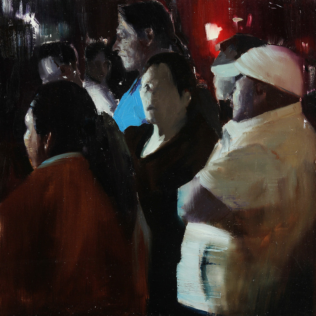 A group stands under soft, moody lighting, reminiscent of Brett Amorys style. Figures are painted with impressionistic brushstrokes, and hints of red and blue light evoke a scene fit for Art Basel Miami Beach.