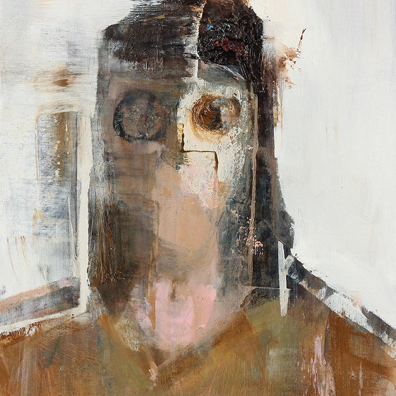 The abstract painting Anonymous #10 by Brett Amory depicts a figure with indistinct, mask-like facial features. Earthy browns, beiges, and blacks blend seamlessly on a light background, emphasizing the distorted eyes and mouth.