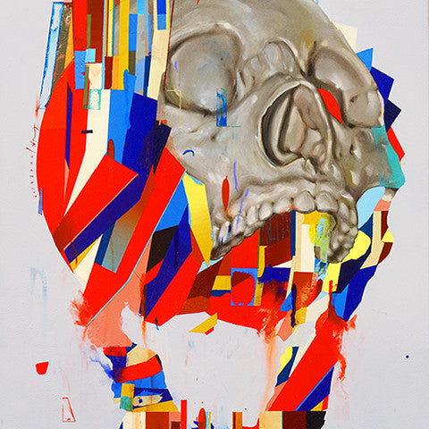 Original work by Erik Jones, this abstract art piece showcases a gray skull integrated into a geometric pattern of red, blue, yellow, and white shapes. The dynamic design captivates with overlapping colors and lines, echoing styles seen at Art Basel Miami Beach.