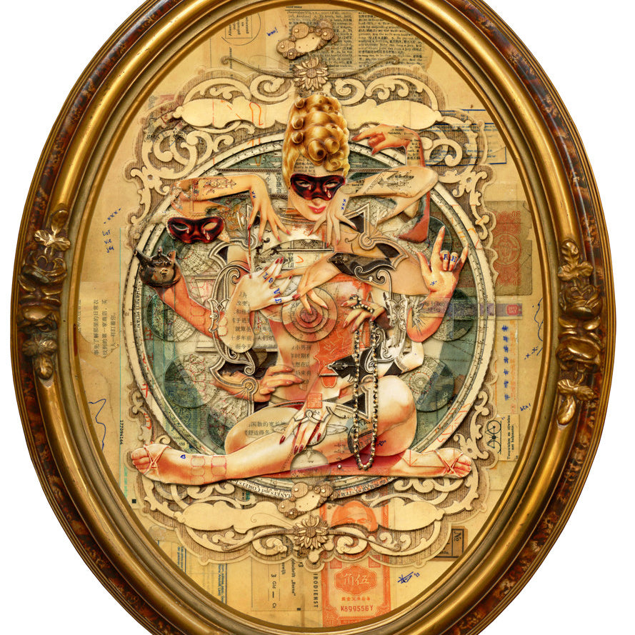 An ornate oval frame encases a collage featuring a multi-armed figure with masks and abstract elements. This piece, reminiscent of Handiedans style, layers surreal and classical influences with intricate details, similar to her Karma No.3 series.
