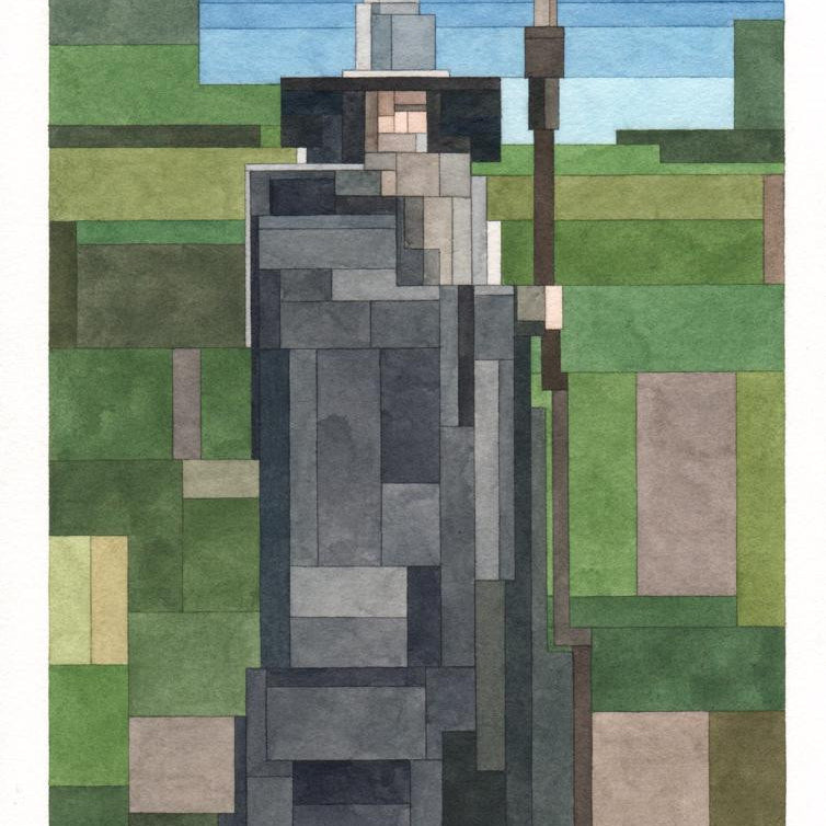 This geometric watercolor image features a Gandalf-like wizard in gray, green, and brown with a staff and hat, set against blue and green tones. Ideal for fans of Adam Lister art.
