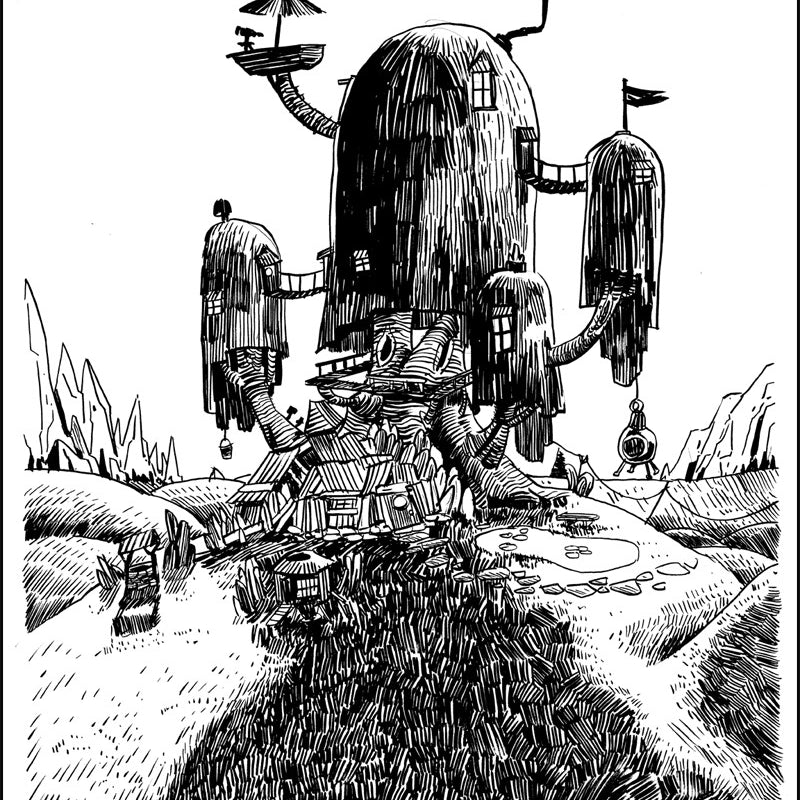 Tim Doyles black and white pen and ink illustration features a whimsical treehouse with rounded rooms connected by walkways, complete with ladders, flags, and a small umbrella. Two figures stand on hilly terrain under the soft glow of Dawn/Night over Ooo.