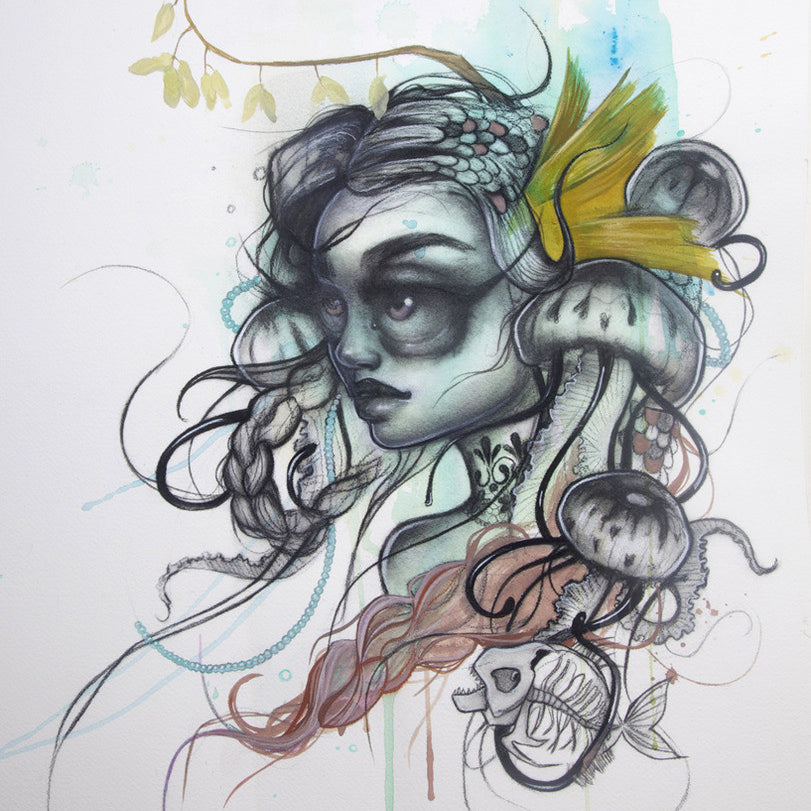 A womans head merges with marine elements in Tatiana Suarezs ethereal style, her hair entwined with Agua Mala and fish. Charcoal and soft watercolors craft an intricate oceanic atmosphere.