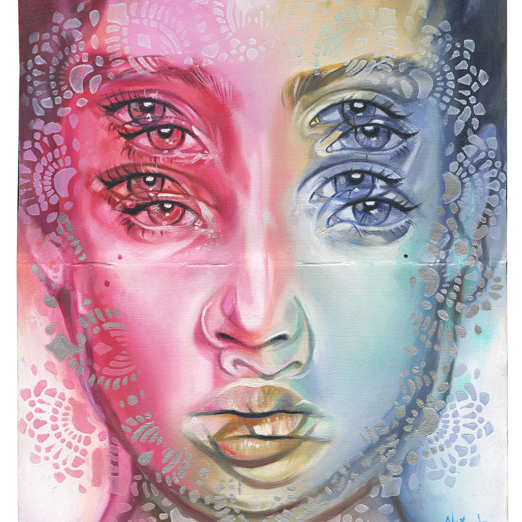 An Alex Garant masterpiece, this surreal portrait of a woman features multiple eyes and lips blending into vivid reds, pinks, blues, and greens. Elegant white lace patterns overlay her face, adding depth and sophistication.