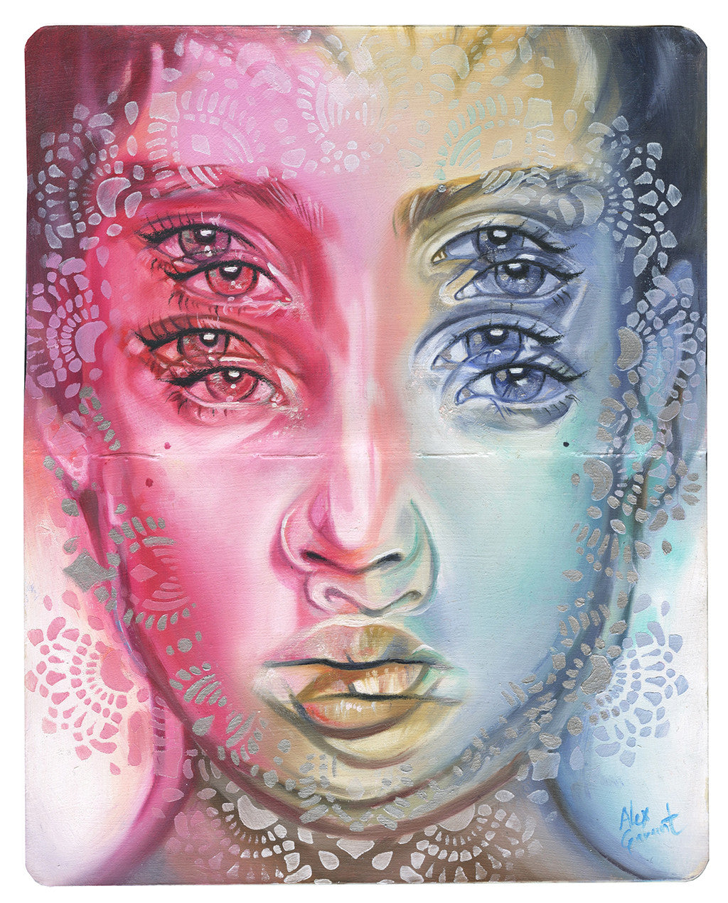 An Alex Garant masterpiece, this surreal portrait of a woman features multiple eyes and lips blending into vivid reds, pinks, blues, and greens. Elegant white lace patterns overlay her face, adding depth and sophistication.