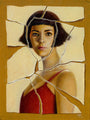 This Michael Ramstead-style oil on canvas portrays a woman with short, dark hair in a red top, using torn fragments for a shattered effect against a tan background, reminiscent of Amelie.