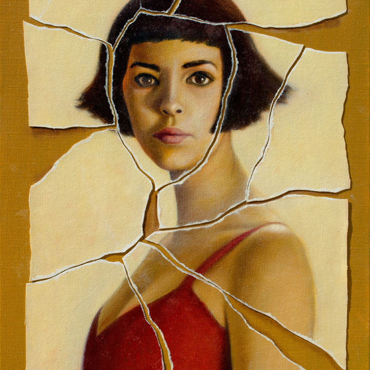 This Michael Ramstead-style oil on canvas portrays a woman with short, dark hair in a red top, using torn fragments for a shattered effect against a tan background, reminiscent of Amelie.