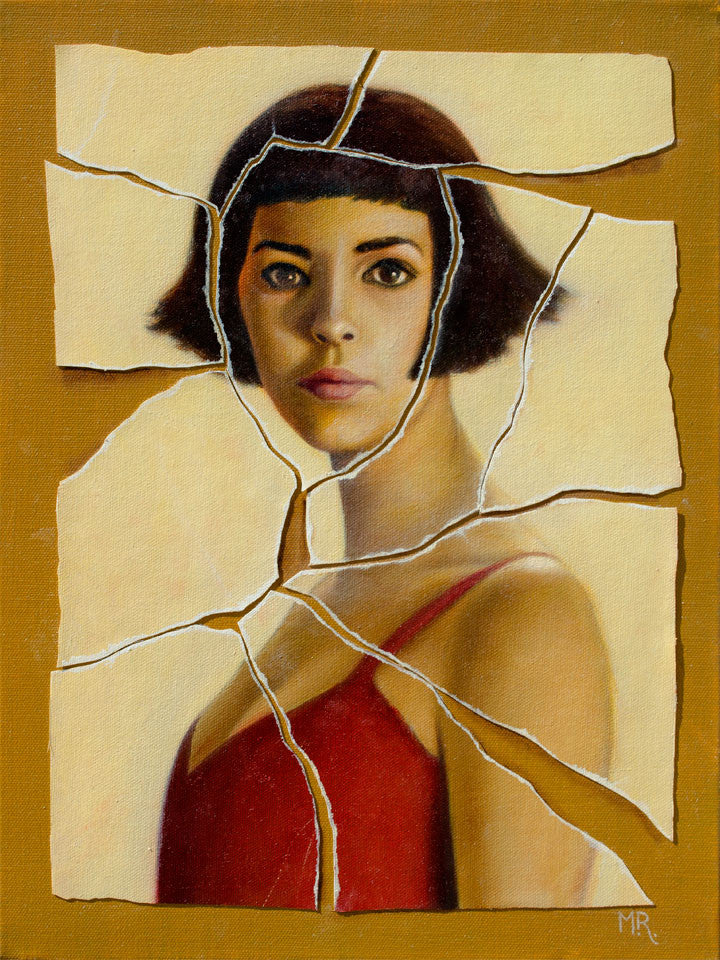 This Michael Ramstead-style oil on canvas portrays a woman with short, dark hair in a red top, using torn fragments for a shattered effect against a tan background, reminiscent of Amelie.