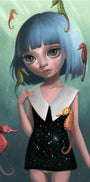 Ana Bagayans limited edition features a blue-haired girl with large eyes in a starry night dress, surrounded by colorful seahorses in a green underwater scene, ideal as a whimsical fine art giclee print.