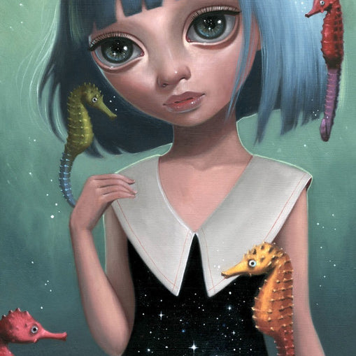 Ana Bagayans limited edition features a blue-haired girl with large eyes in a starry night dress, surrounded by colorful seahorses in a green underwater scene, ideal as a whimsical fine art giclee print.