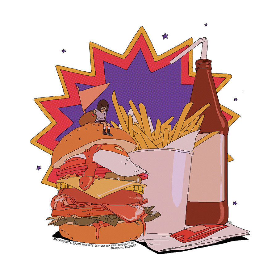 An illustration by Anna Pan shows a large stacked burger topped with a confused figure in a cone hat, inspired by the Bobs Burgers art show at Spoke Art NYC. A cardboard box of fries and a large soda cup with straw sits beside it, all against a red and purple starburst background.