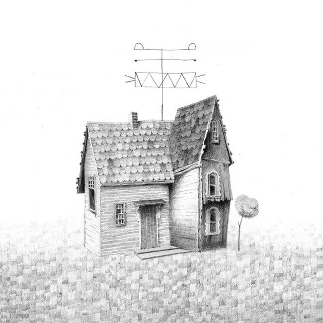 Graphite on paper illustration of a small, rustic house with uneven roof angles and an old TV antenna. A checkered background complements a whimsical tree, exuding a surreal charm inspired by Jonas Lofgren.
