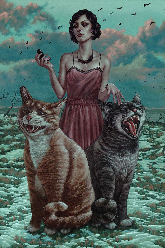 In a scene resembling an acrylic by Casey Weldon, a woman in a pink dress holds a black item in snow-patched fields with two large, snarling cats beside her. Birds soar through the cloudy sky, casting a surreal glow.
