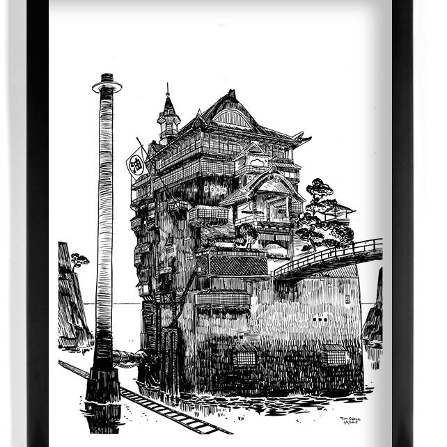 This black-and-white illustration, in Tim Doyles signature style, features a large, intricately detailed traditional Japanese bathhouse. Reminiscent of Spirited Away, it has a prominent chimney on the left and a small bridge connecting it to sparse surrounding trees.